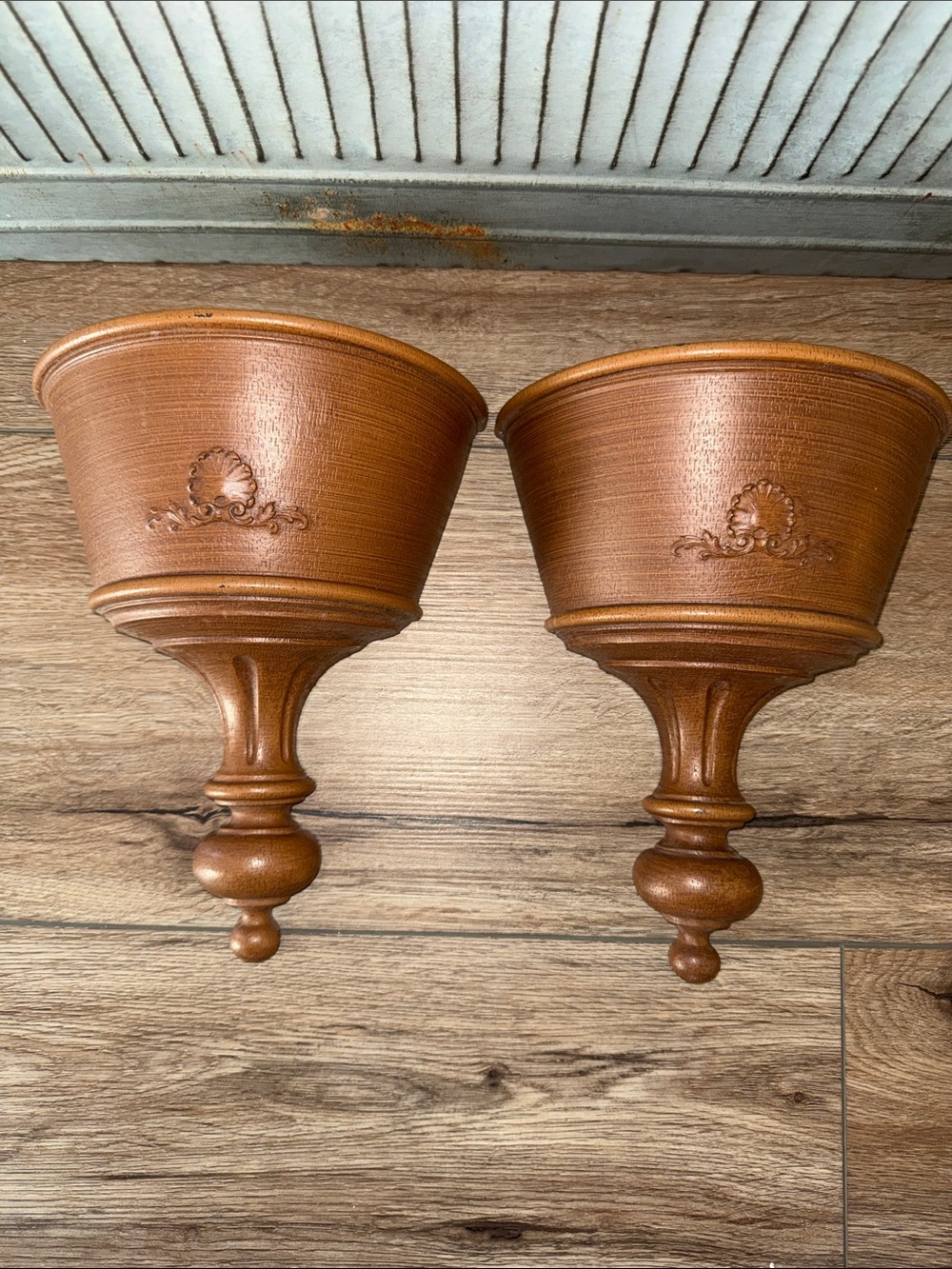 2 Vtg SYROCO 1963 Wall Pocket Planter Sconce SET Faux Wood Finish HOMCO USA